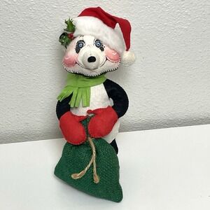 Vintage 1984 ANNALEE Mobilitee 11" Christmas PANDA BEAR w Santa Hat and Toy Sack